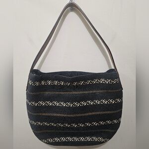 Eric Javits New York Squishee Black Striped Woven Shoulder Handbag Hobo Purse